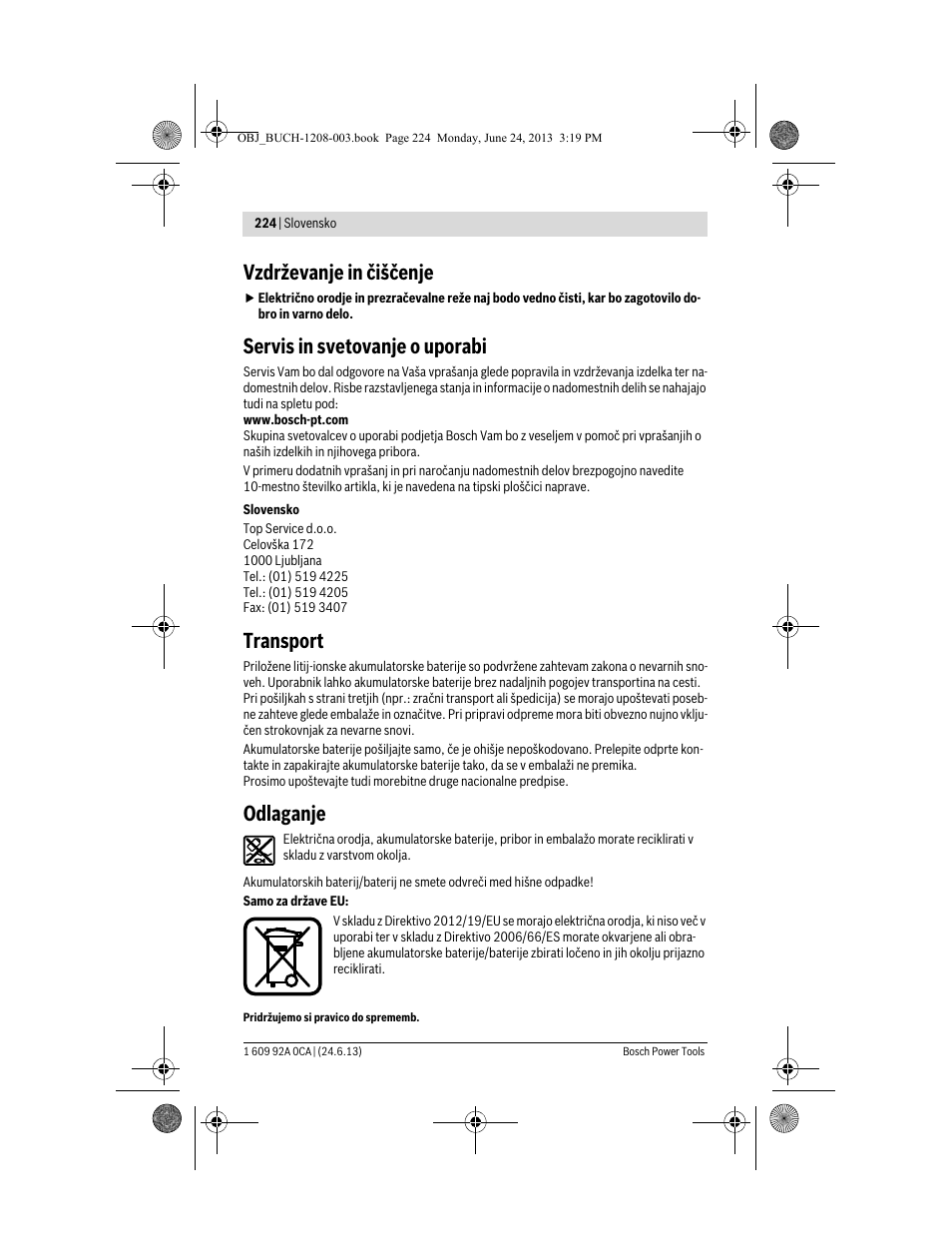 Vzdrževanje in čiščenje, Servis in svetovanje o uporabi, Transport | Odlaganje | Bosch GSR Mx2Drive  Professional User Manual | Page 224 / 280