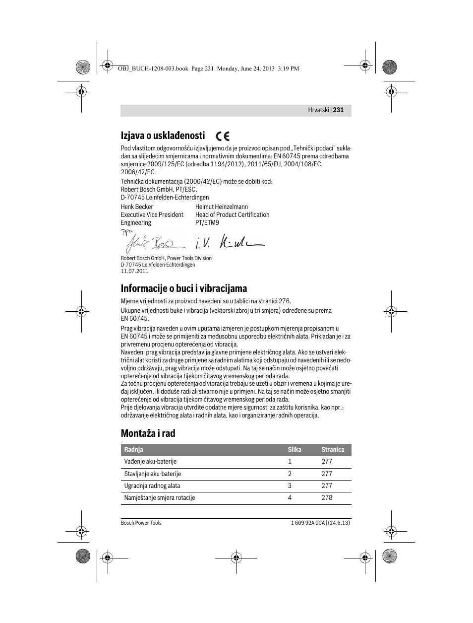 Izjava o usklađenosti, Informacije o buci i vibracijama, Montaža i rad | Bosch GSR Mx2Drive  Professional User Manual | Page 231 / 280