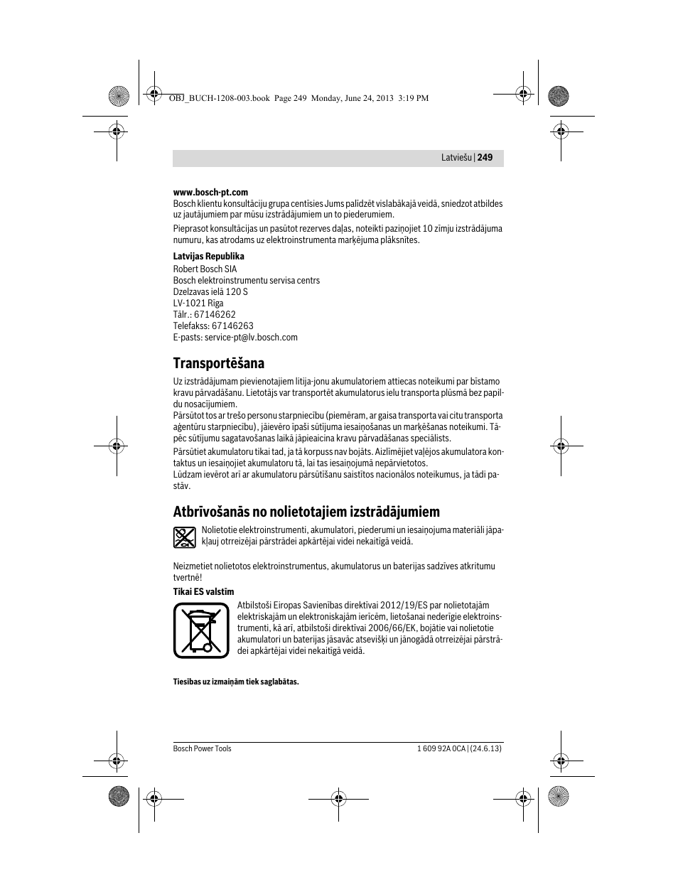 Transportēšana, Atbrīvošanās no nolietotajiem izstrādājumiem | Bosch GSR Mx2Drive  Professional User Manual | Page 249 / 280