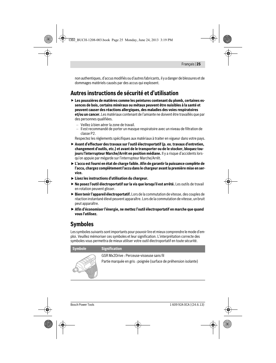 Autres instructions de sécurité et d’utilisation, Symboles | Bosch GSR Mx2Drive  Professional User Manual | Page 25 / 280
