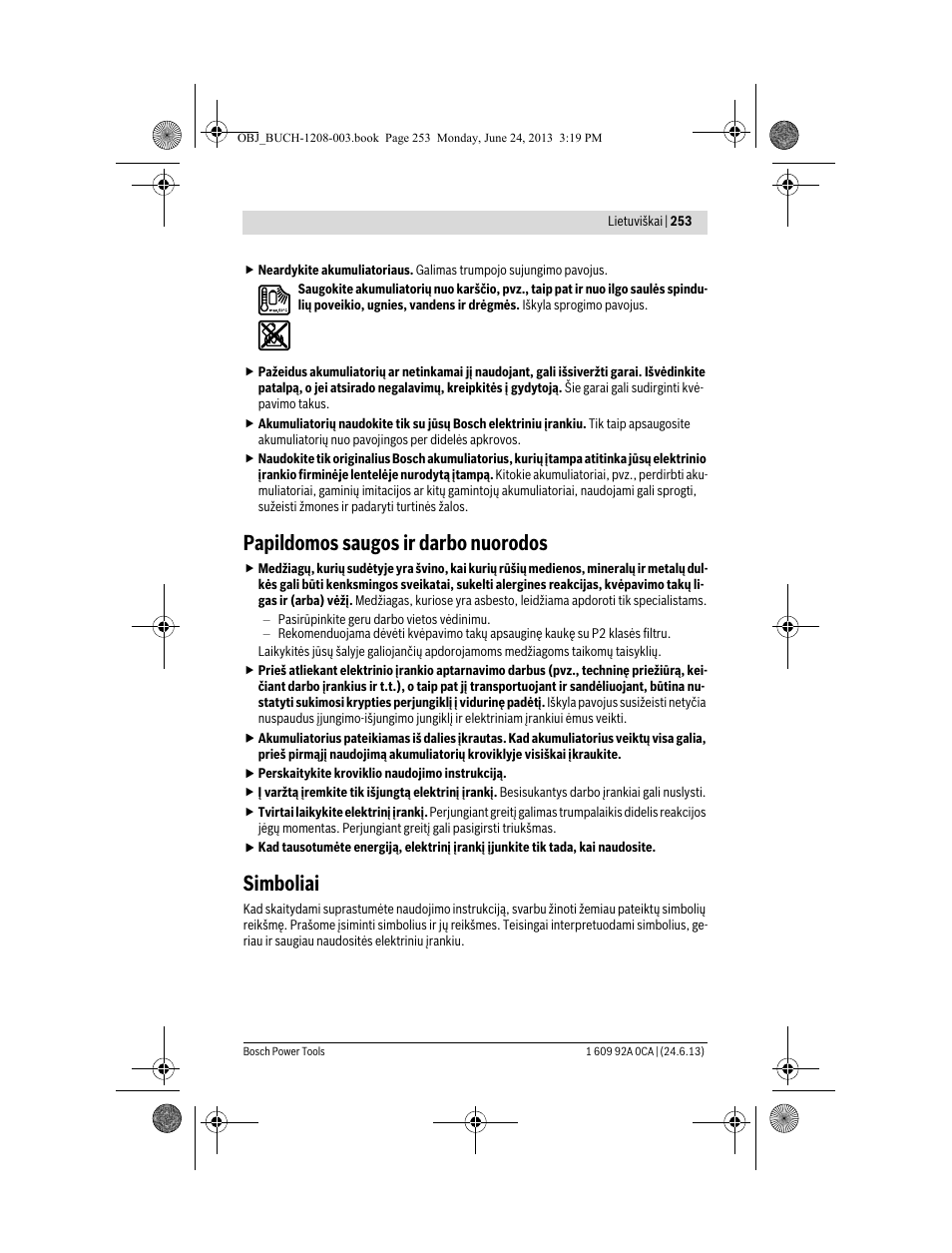 Papildomos saugos ir darbo nuorodos, Simboliai | Bosch GSR Mx2Drive  Professional User Manual | Page 253 / 280