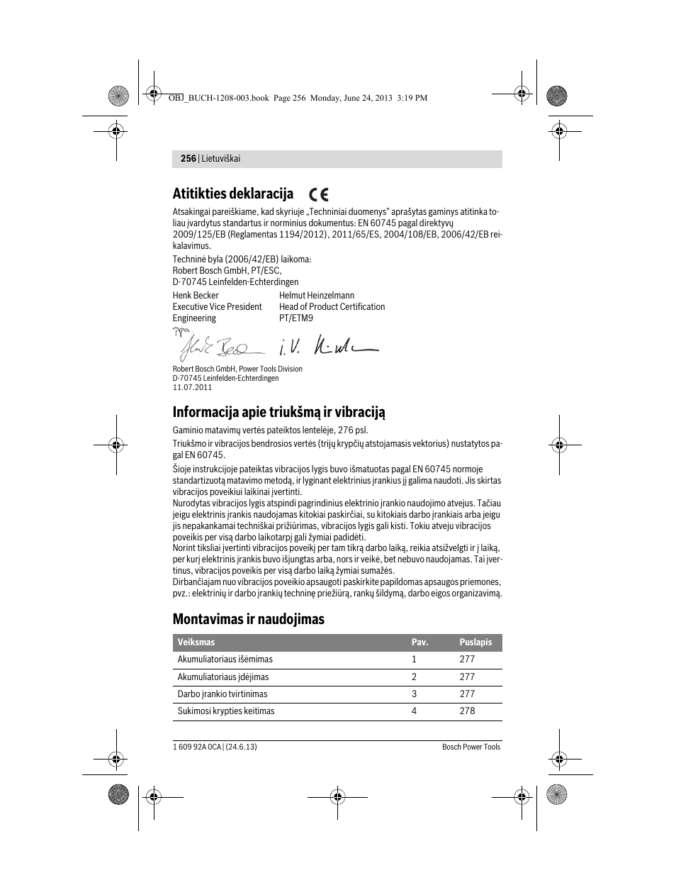 Atitikties deklaracija, Informacija apie triukšmą ir vibraciją, Montavimas ir naudojimas | Bosch GSR Mx2Drive  Professional User Manual | Page 256 / 280