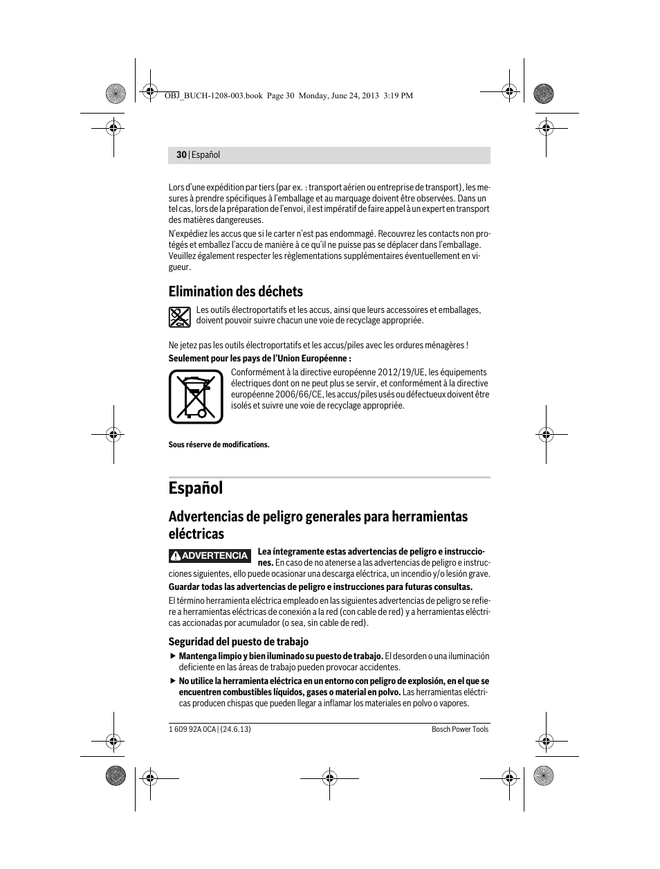 Español, Elimination des déchets | Bosch GSR Mx2Drive  Professional User Manual | Page 30 / 280
