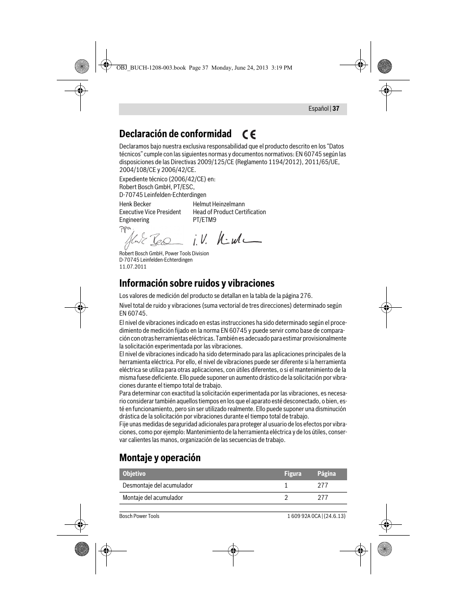 Declaración de conformidad, Información sobre ruidos y vibraciones, Montaje y operación | Bosch GSR Mx2Drive  Professional User Manual | Page 37 / 280
