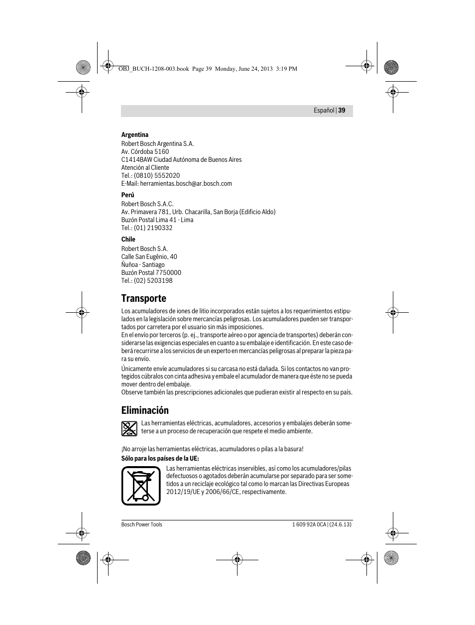 Transporte, Eliminación | Bosch GSR Mx2Drive  Professional User Manual | Page 39 / 280