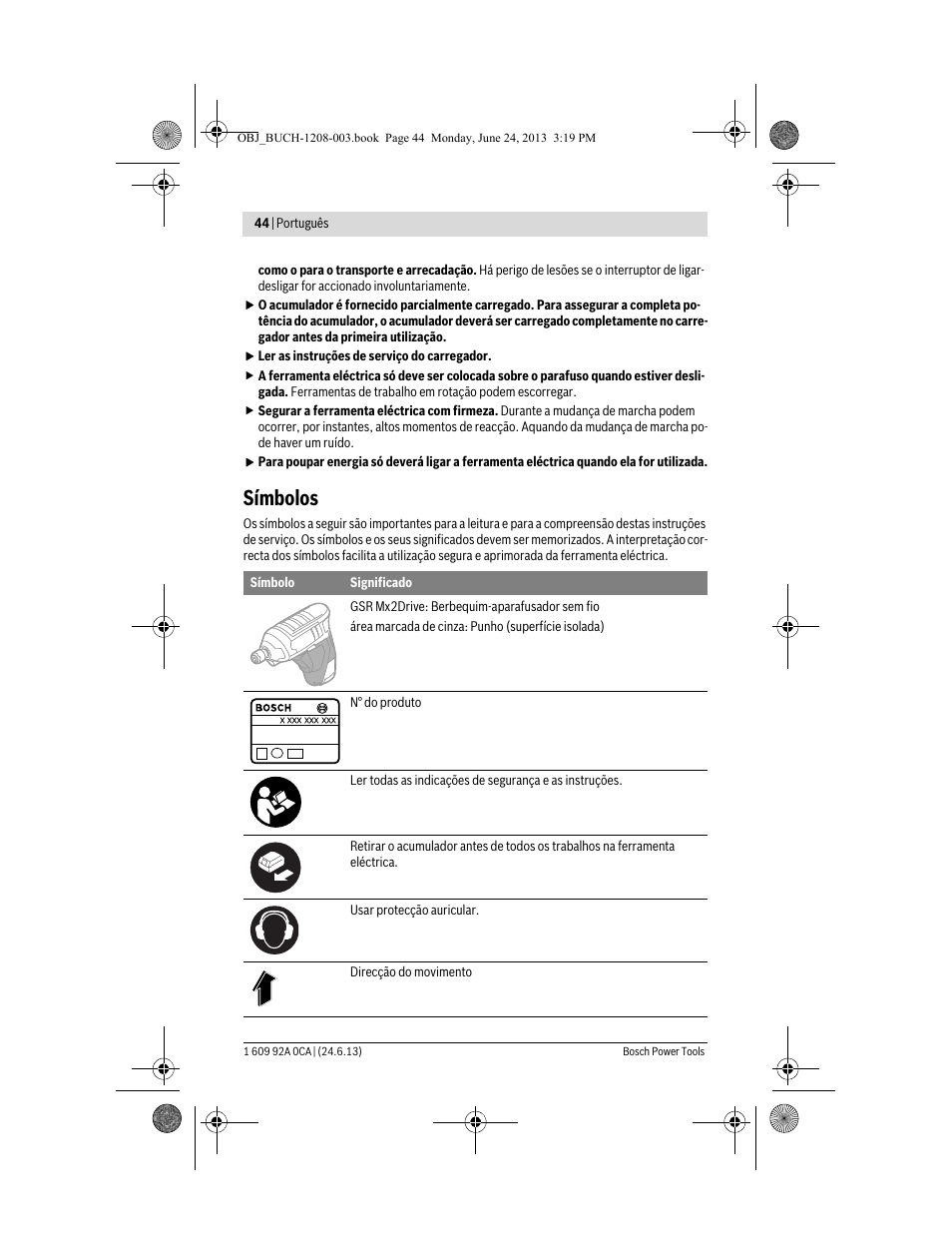 Símbolos | Bosch GSR Mx2Drive  Professional User Manual | Page 44 / 280