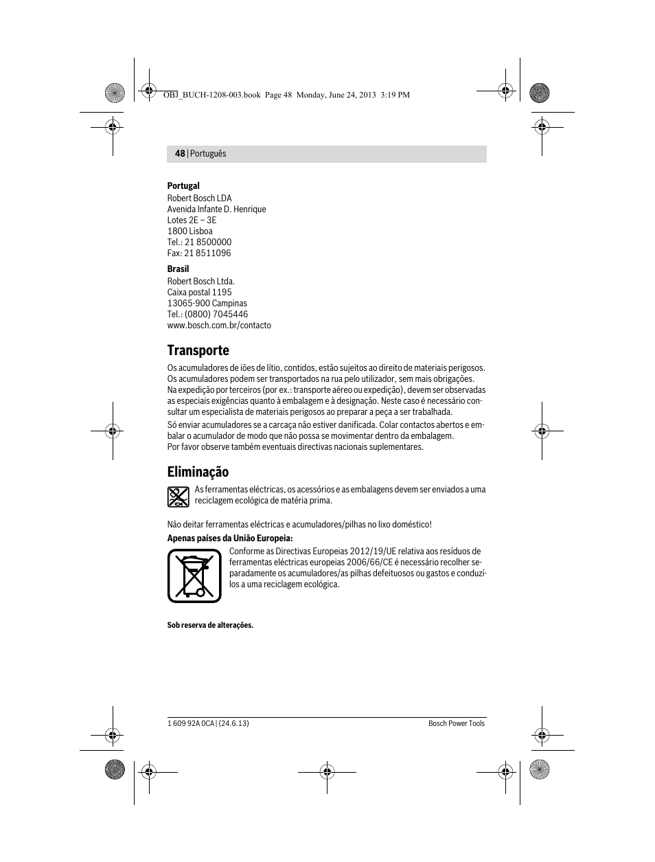 Transporte, Eliminação | Bosch GSR Mx2Drive  Professional User Manual | Page 48 / 280