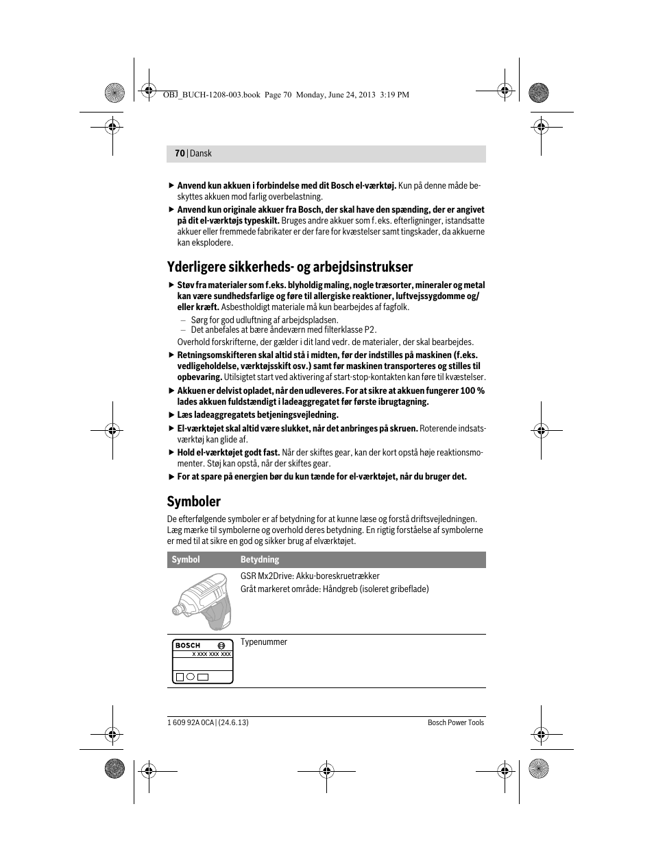 Yderligere sikkerheds- og arbejdsinstrukser, Symboler | Bosch GSR Mx2Drive  Professional User Manual | Page 70 / 280