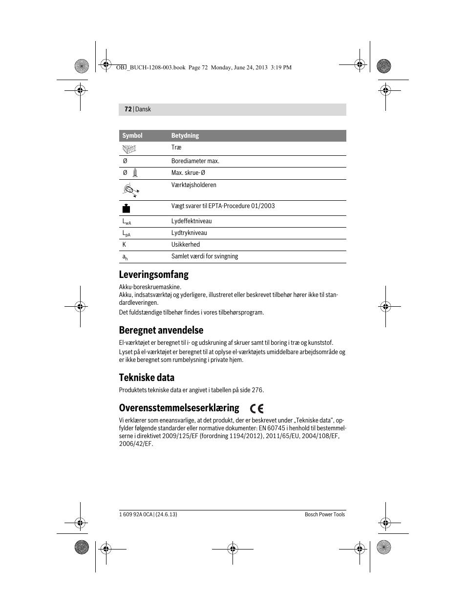 Leveringsomfang, Beregnet anvendelse, Tekniske data | Overensstemmelseserklæring | Bosch GSR Mx2Drive  Professional User Manual | Page 72 / 280