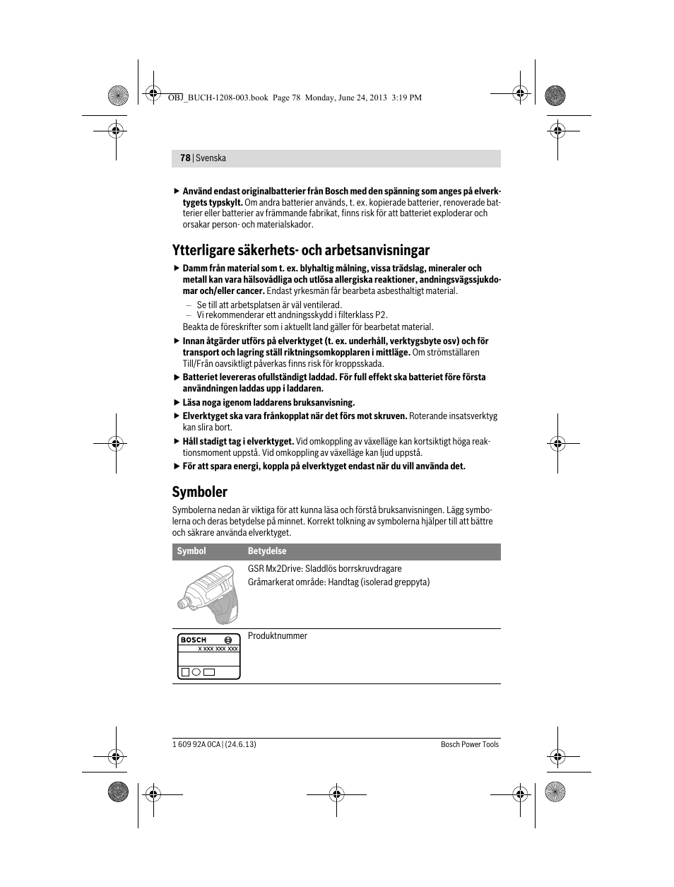 Ytterligare säkerhets- och arbetsanvisningar, Symboler | Bosch GSR Mx2Drive  Professional User Manual | Page 78 / 280