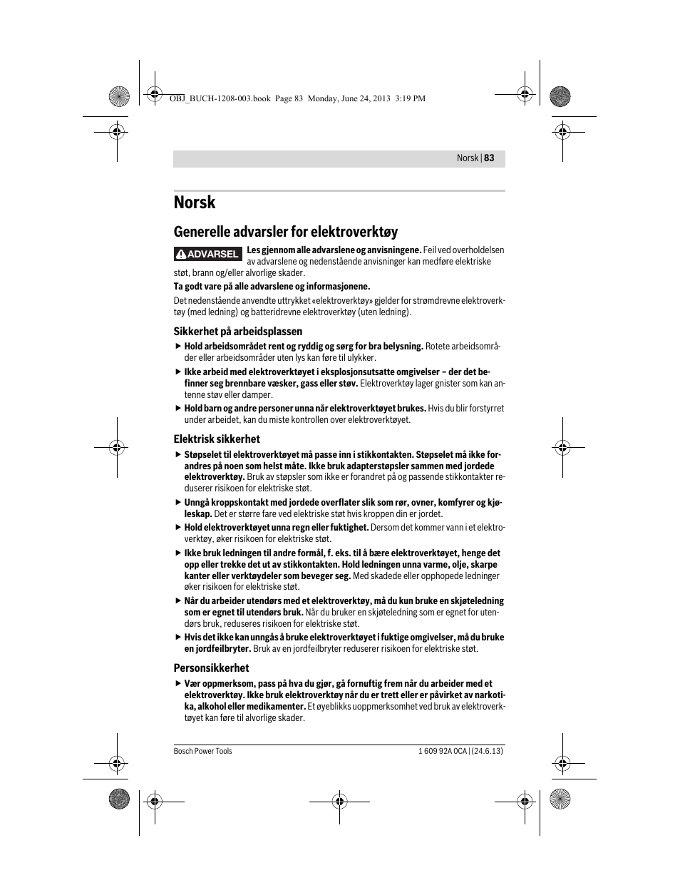 Norsk, Generelle advarsler for elektroverktøy | Bosch GSR Mx2Drive  Professional User Manual | Page 83 / 280