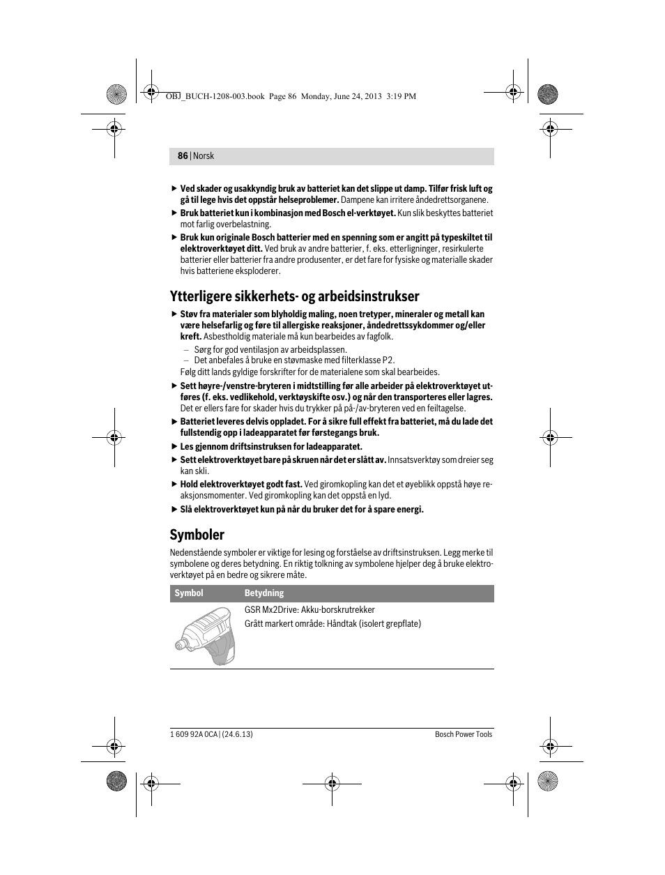 Ytterligere sikkerhets- og arbeidsinstrukser, Symboler | Bosch GSR Mx2Drive  Professional User Manual | Page 86 / 280