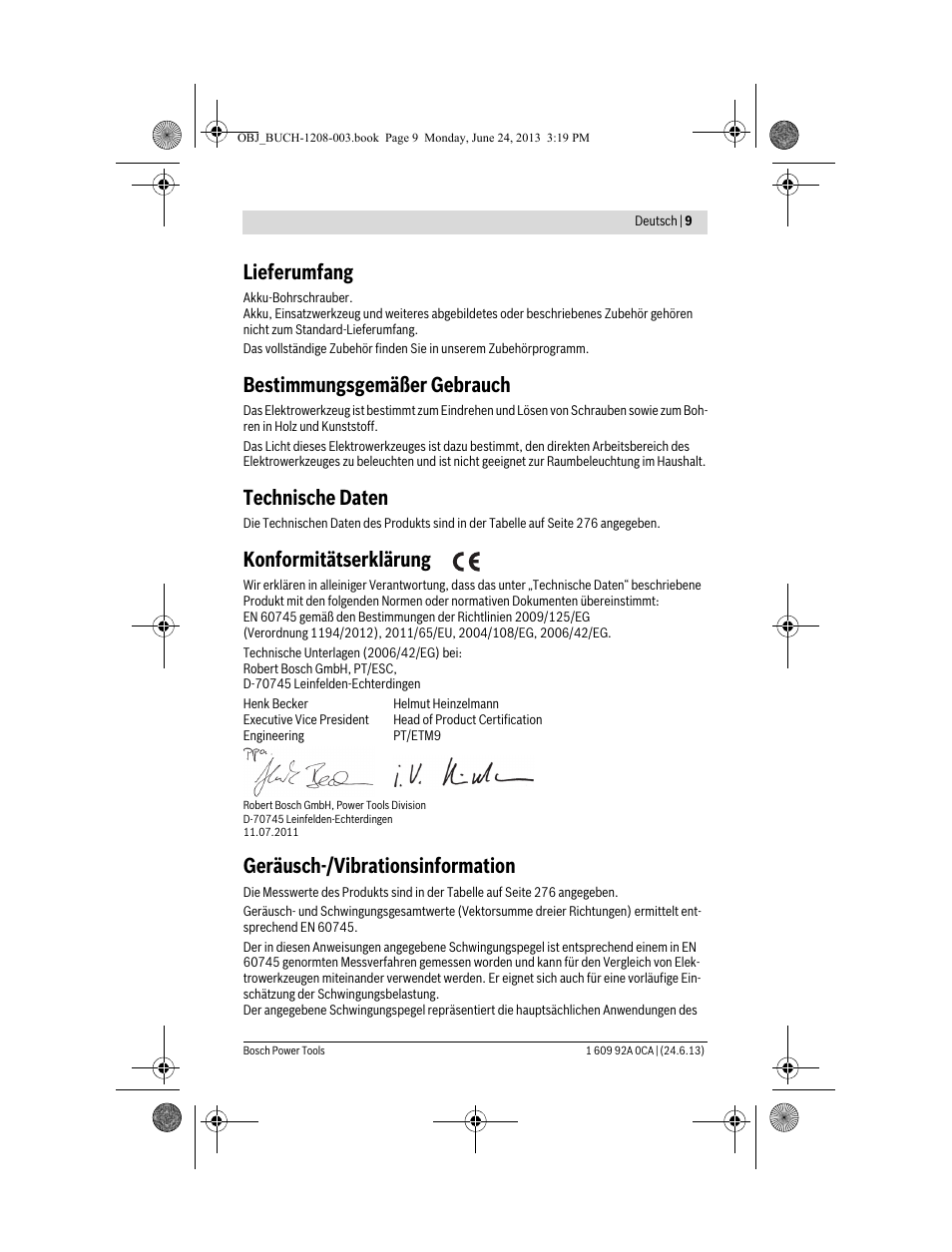 Lieferumfang, Bestimmungsgemäßer gebrauch, Technische daten | Konformitätserklärung, Geräusch-/vibrationsinformation | Bosch GSR Mx2Drive  Professional User Manual | Page 9 / 280