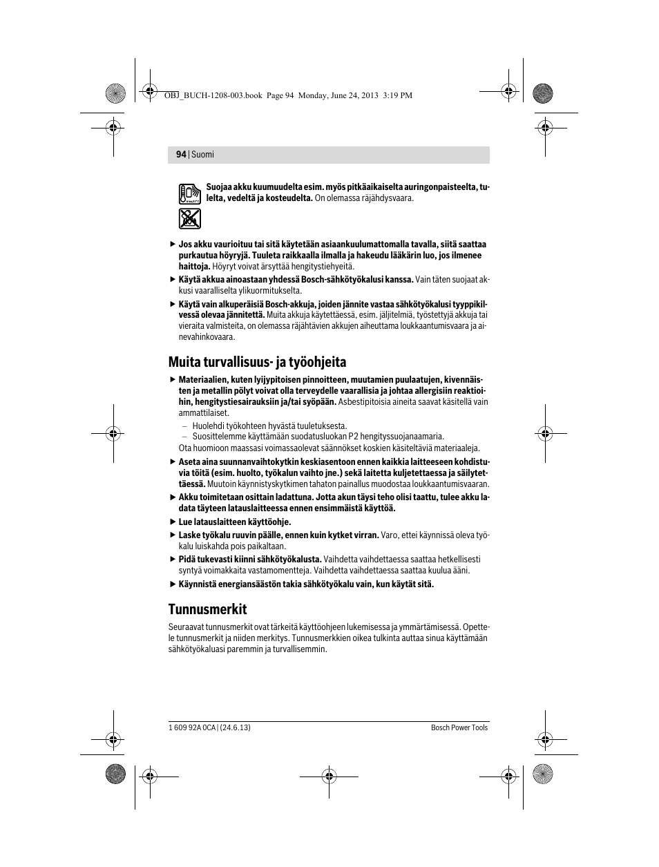 Muita turvallisuus- ja työohjeita, Tunnusmerkit | Bosch GSR Mx2Drive  Professional User Manual | Page 94 / 280