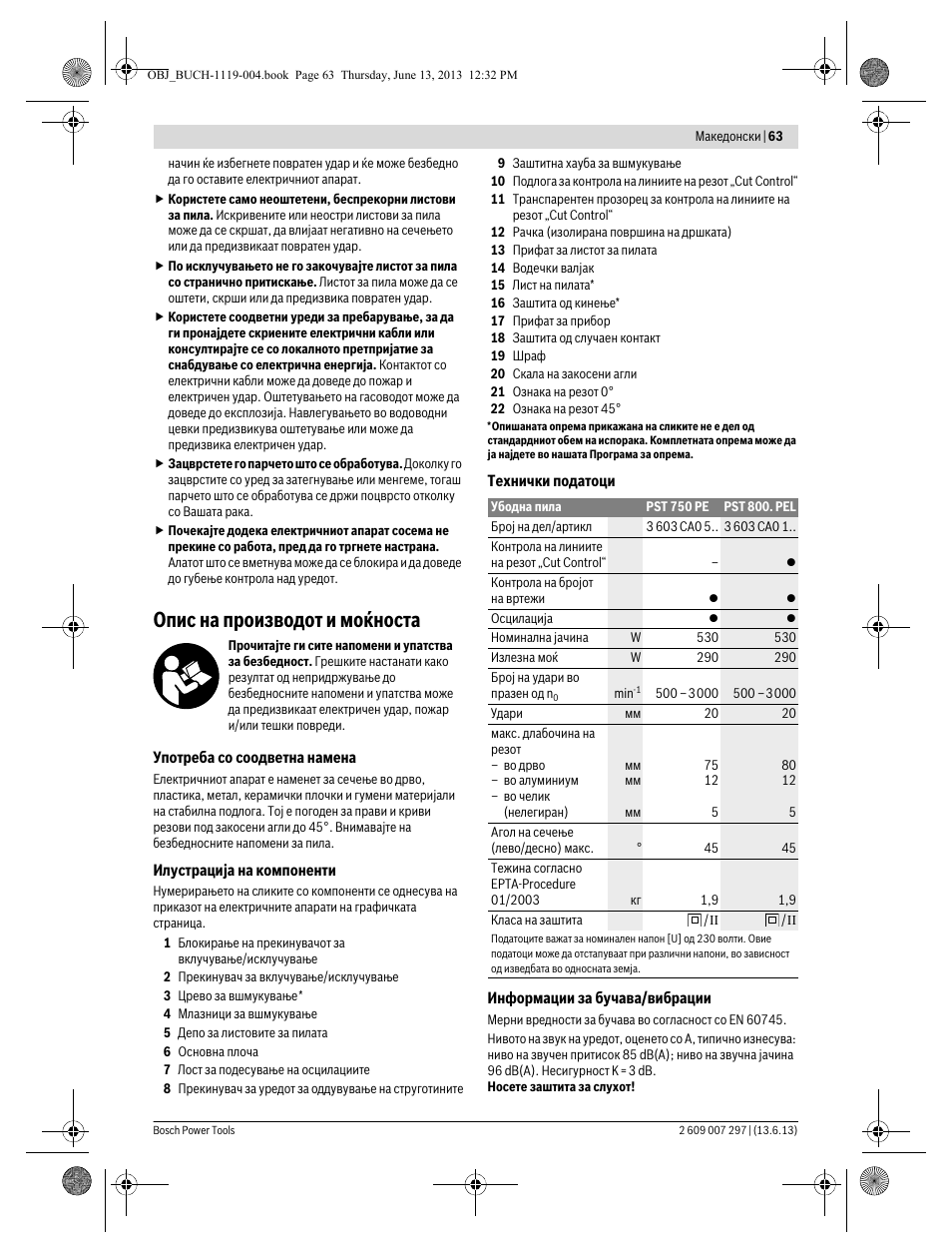 Опис на производот и моќноста | Bosch PST 750 PE User Manual | Page 63 / 103