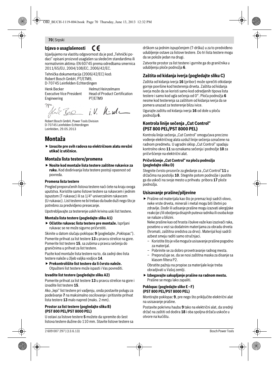 Montaža | Bosch PST 750 PE User Manual | Page 70 / 103