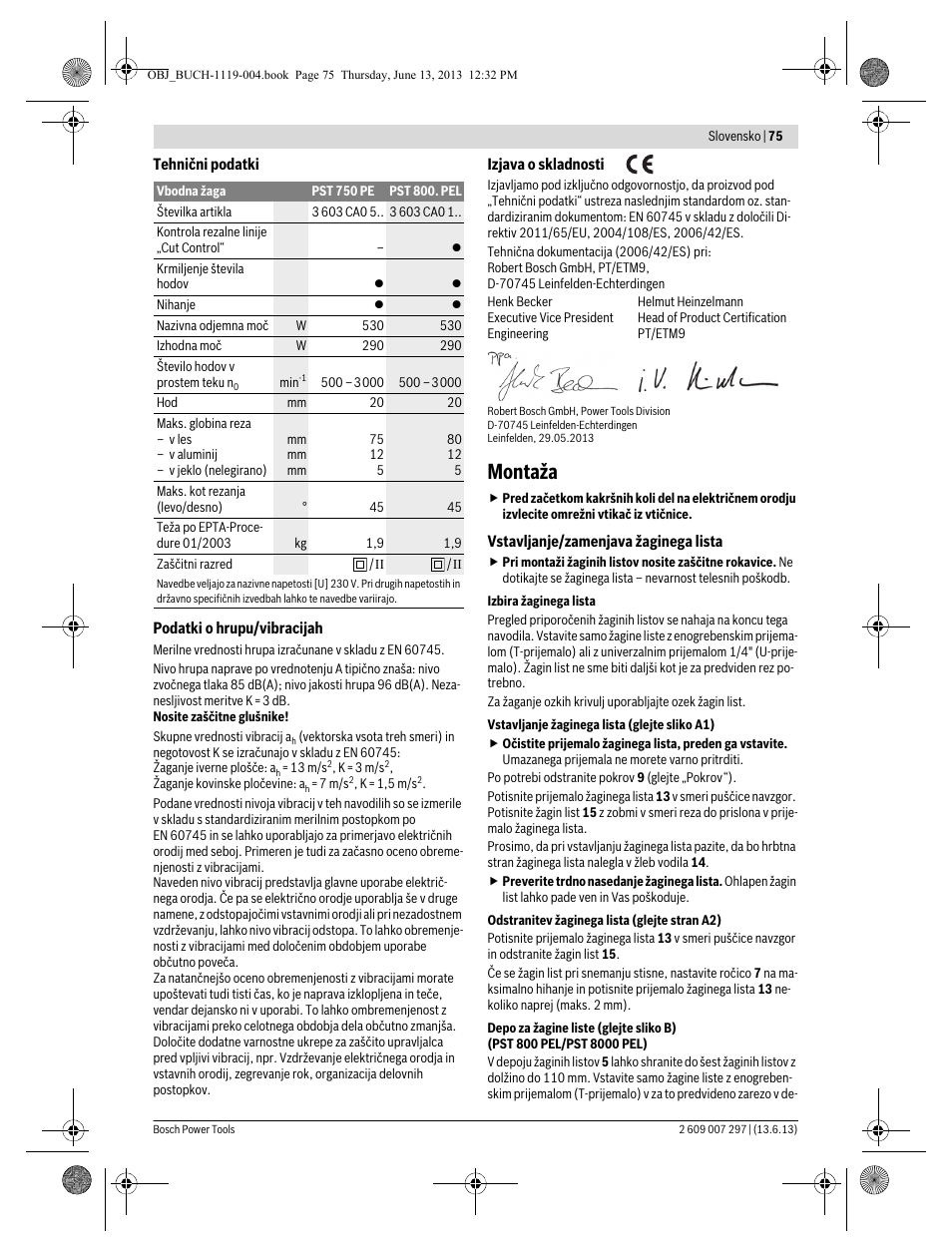 Montaža | Bosch PST 750 PE User Manual | Page 75 / 103