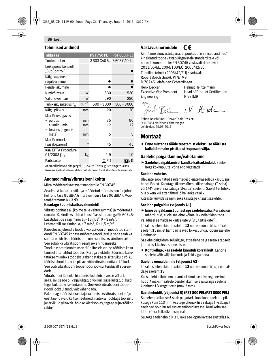 Montaaž | Bosch PST 750 PE User Manual | Page 86 / 103