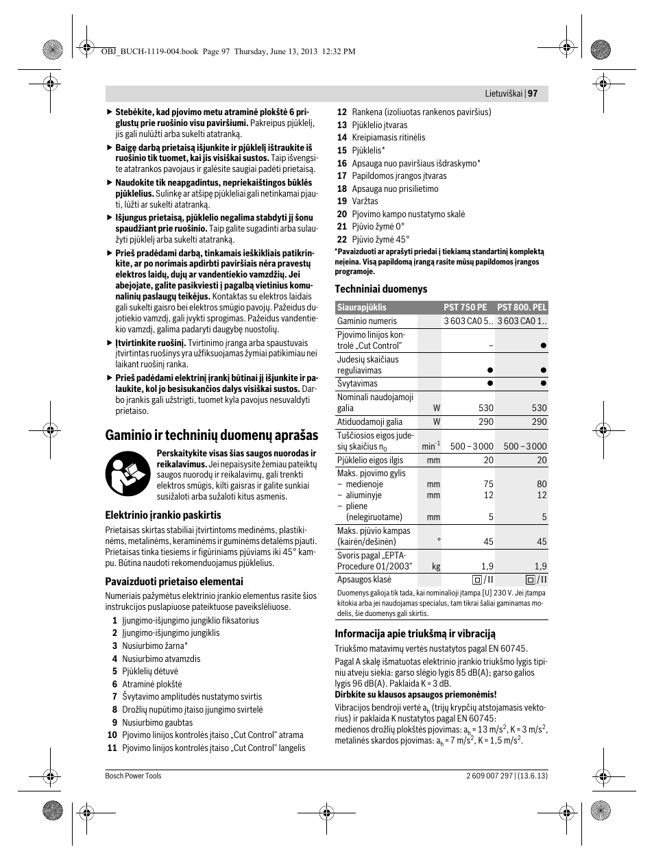 Gaminio ir techninių duomenų aprašas | Bosch PST 750 PE User Manual | Page 97 / 103