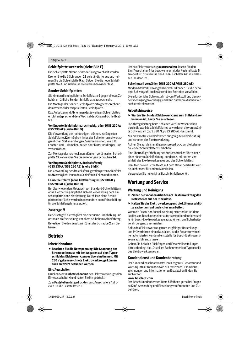 Betrieb, Wartung und service | Bosch GSS Professional 230 A User Manual | Page 10 / 158