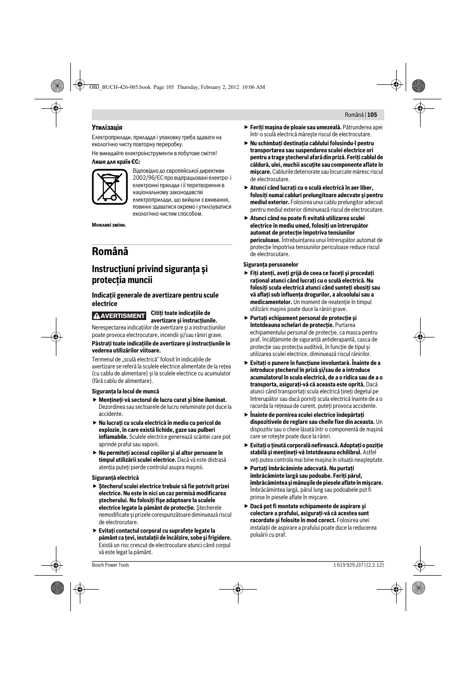 Română, Instrucţiuni privind siguranţa şi protecţia muncii | Bosch GSS Professional 230 A User Manual | Page 105 / 158