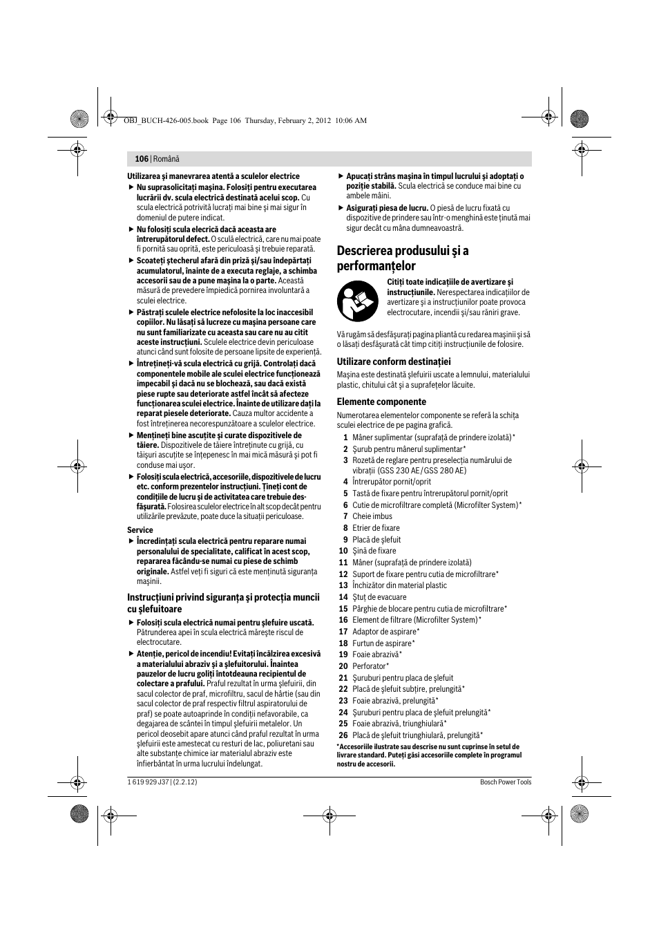 Descrierea produsului şi a performanţelor | Bosch GSS Professional 230 A User Manual | Page 106 / 158