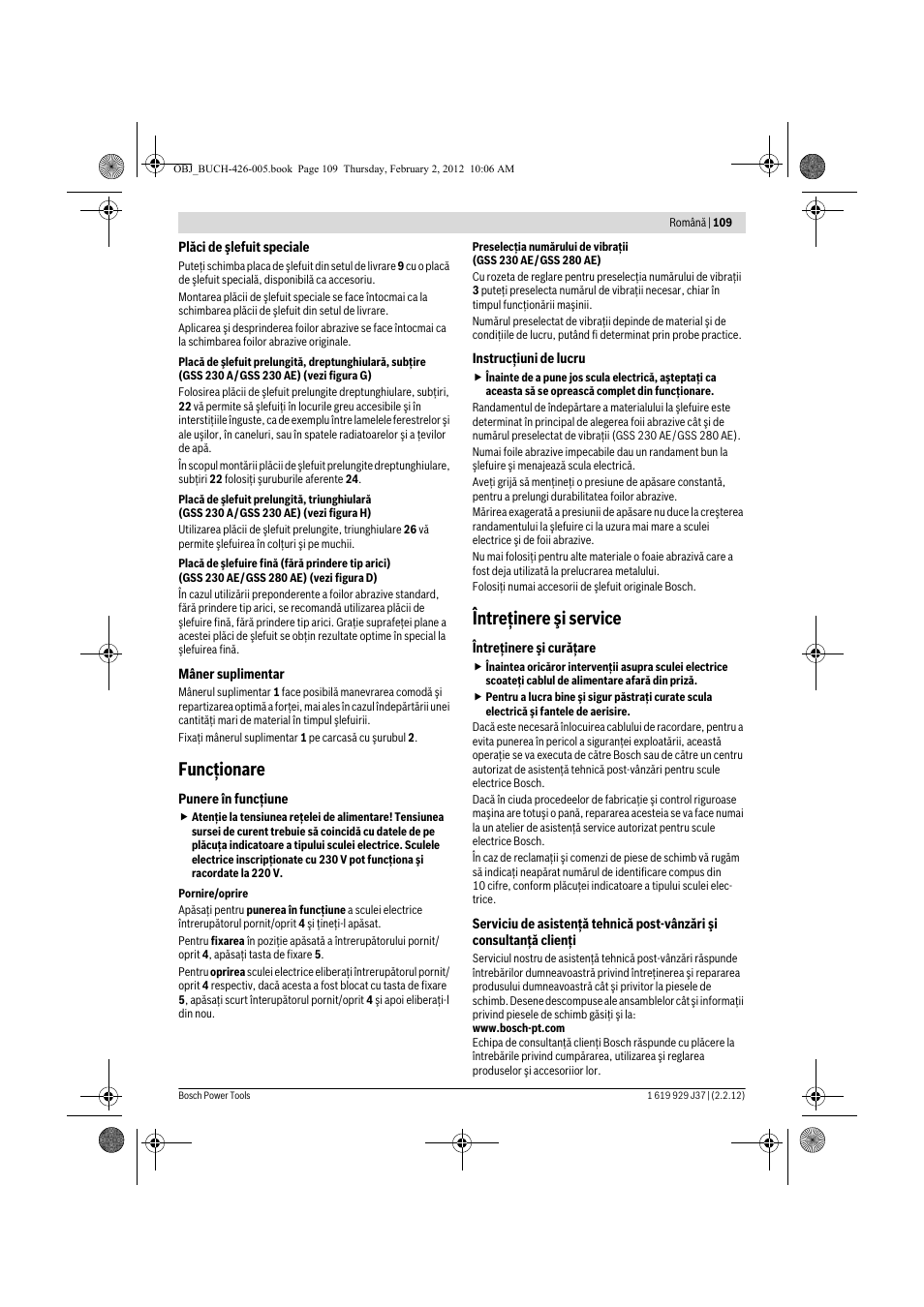 Funcţionare, Întreţinere şi service | Bosch GSS Professional 230 A User Manual | Page 109 / 158