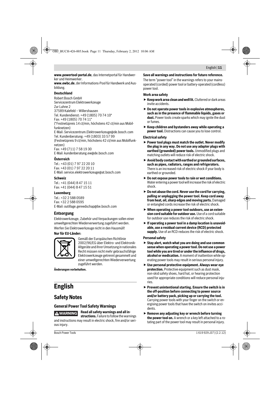 English | Bosch GSS Professional 230 A User Manual | Page 11 / 158