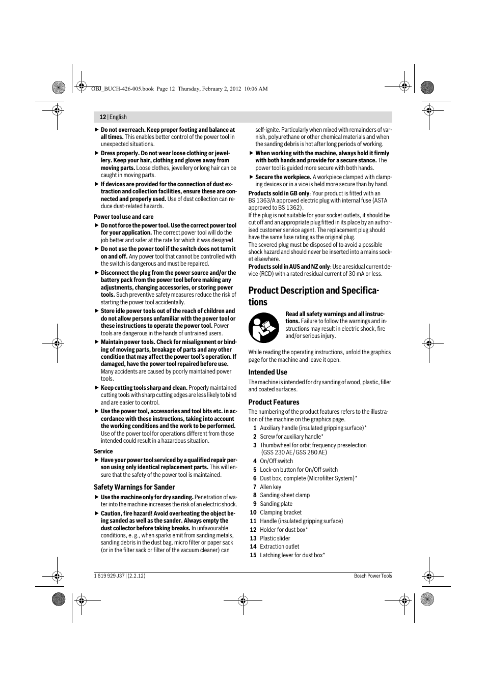 Product description and specifica- tions | Bosch GSS Professional 230 A User Manual | Page 12 / 158