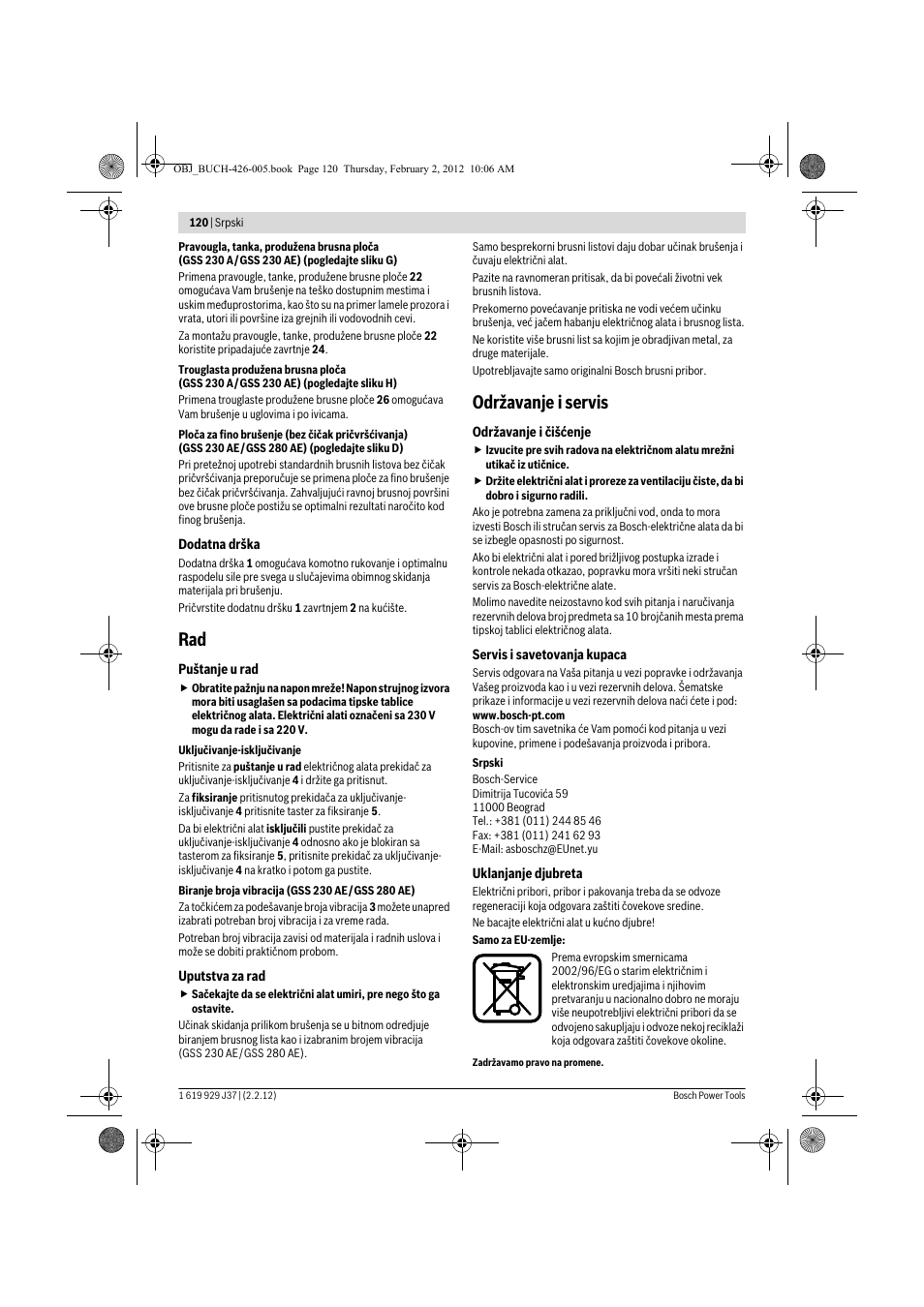 Održavanje i servis | Bosch GSS Professional 230 A User Manual | Page 120 / 158