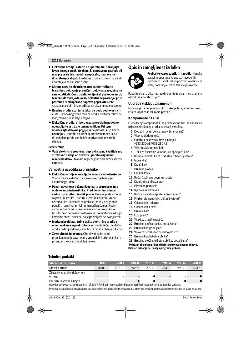 Opis in zmogljivost izdelka | Bosch GSS Professional 230 A User Manual | Page 122 / 158