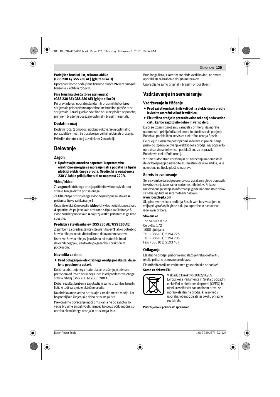 Delovanje, Vzdrževanje in servisiranje | Bosch GSS Professional 230 A User Manual | Page 125 / 158