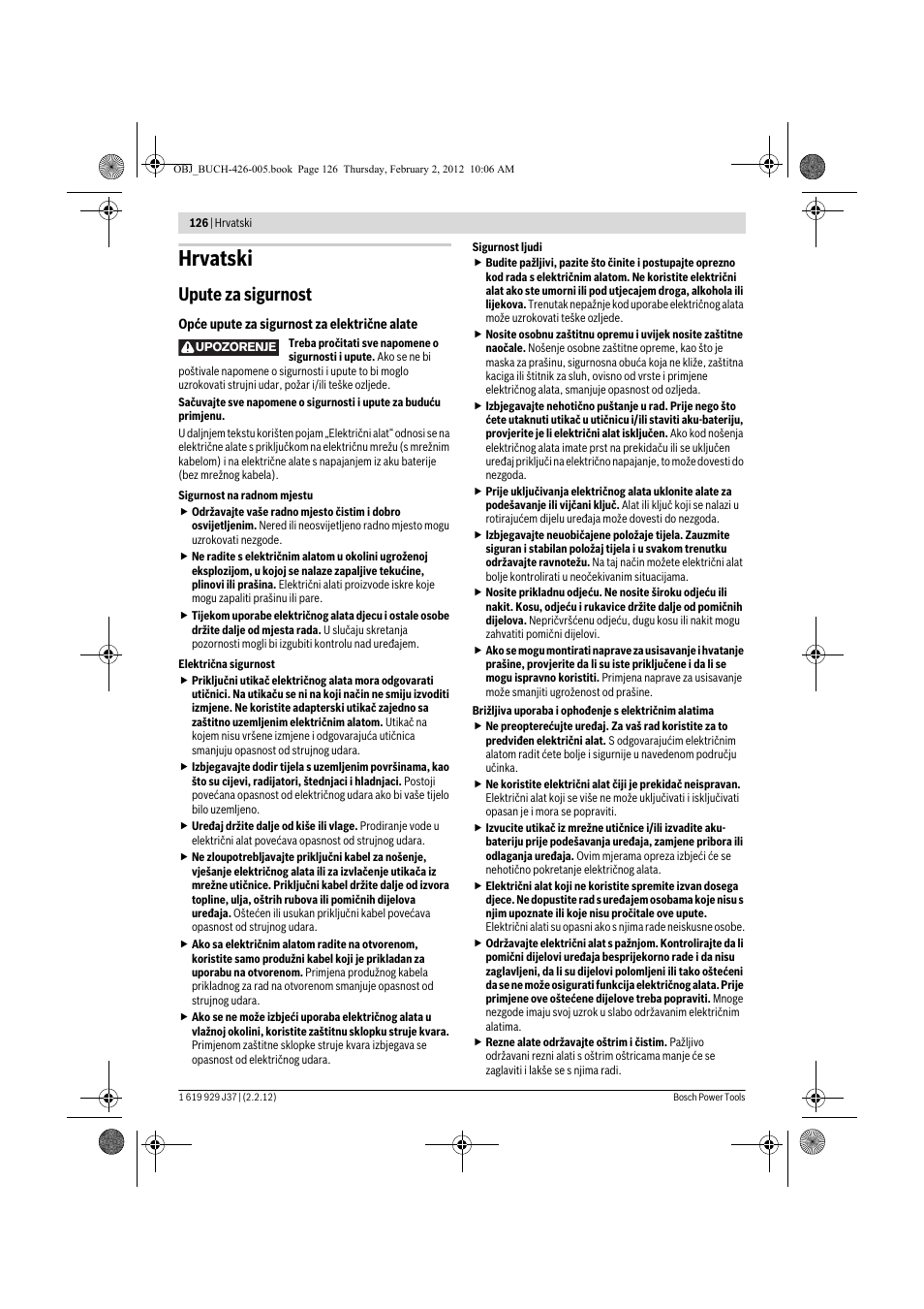 Hrvatski, Upute za sigurnost | Bosch GSS Professional 230 A User Manual | Page 126 / 158