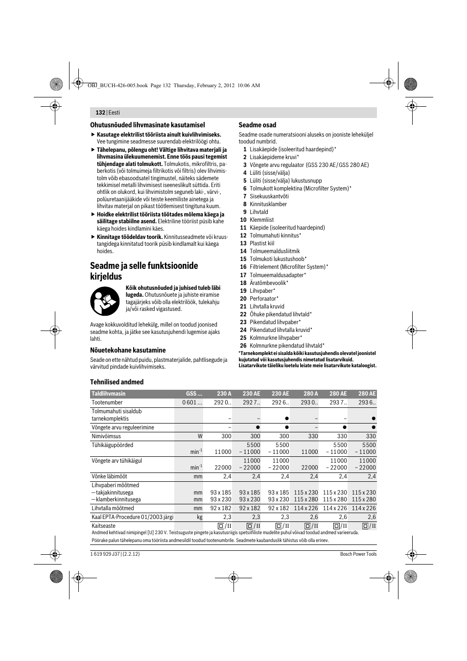 Seadme ja selle funktsioonide kirjeldus | Bosch GSS Professional 230 A User Manual | Page 132 / 158