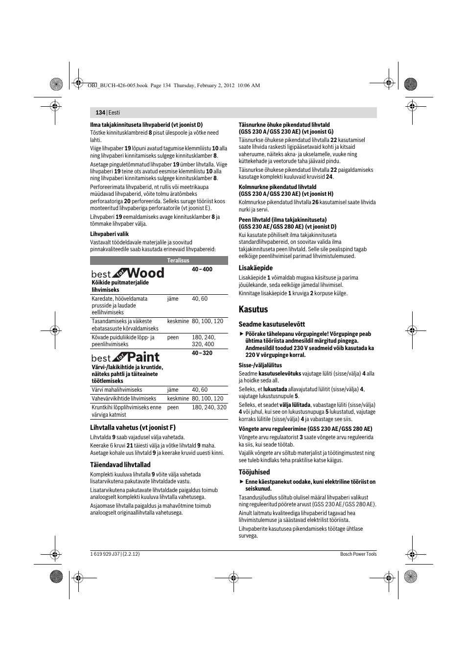 Kasutus | Bosch GSS Professional 230 A User Manual | Page 134 / 158