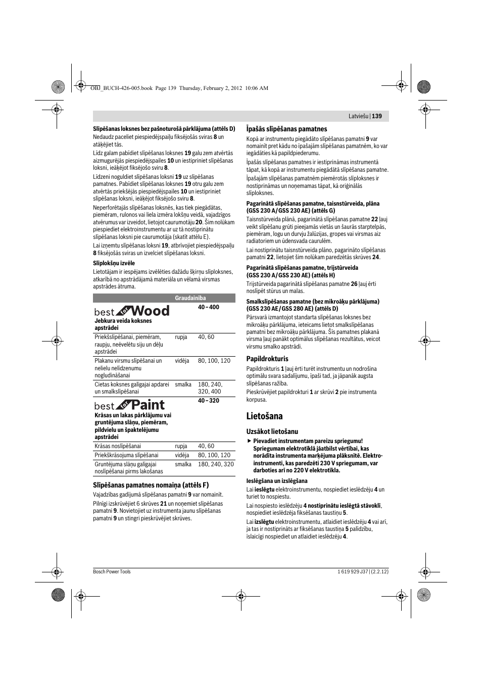 Lietošana | Bosch GSS Professional 230 A User Manual | Page 139 / 158