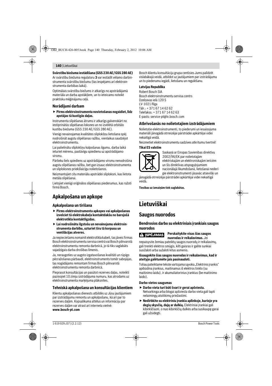 Lietuviškai, Apkalpošana un apkope, Saugos nuorodos | Bosch GSS Professional 230 A User Manual | Page 140 / 158