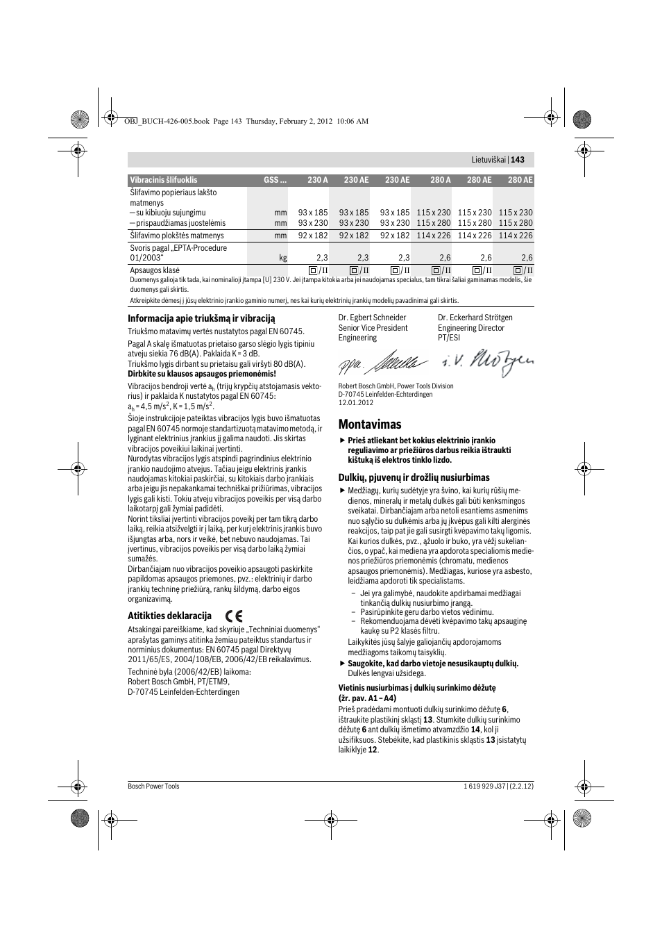 Montavimas | Bosch GSS Professional 230 A User Manual | Page 143 / 158