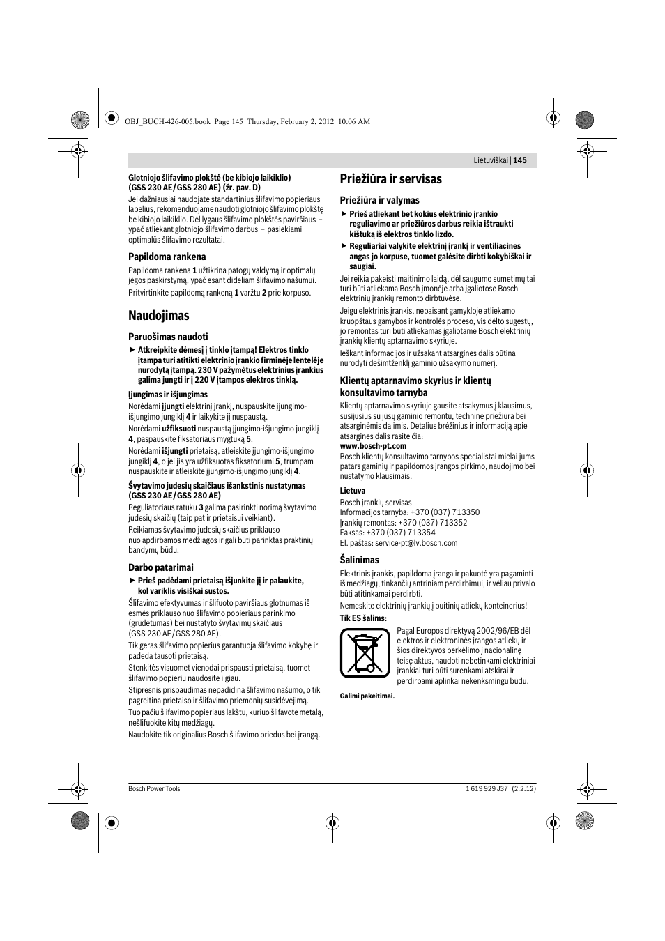 Naudojimas, Priežiūra ir servisas | Bosch GSS Professional 230 A User Manual | Page 145 / 158