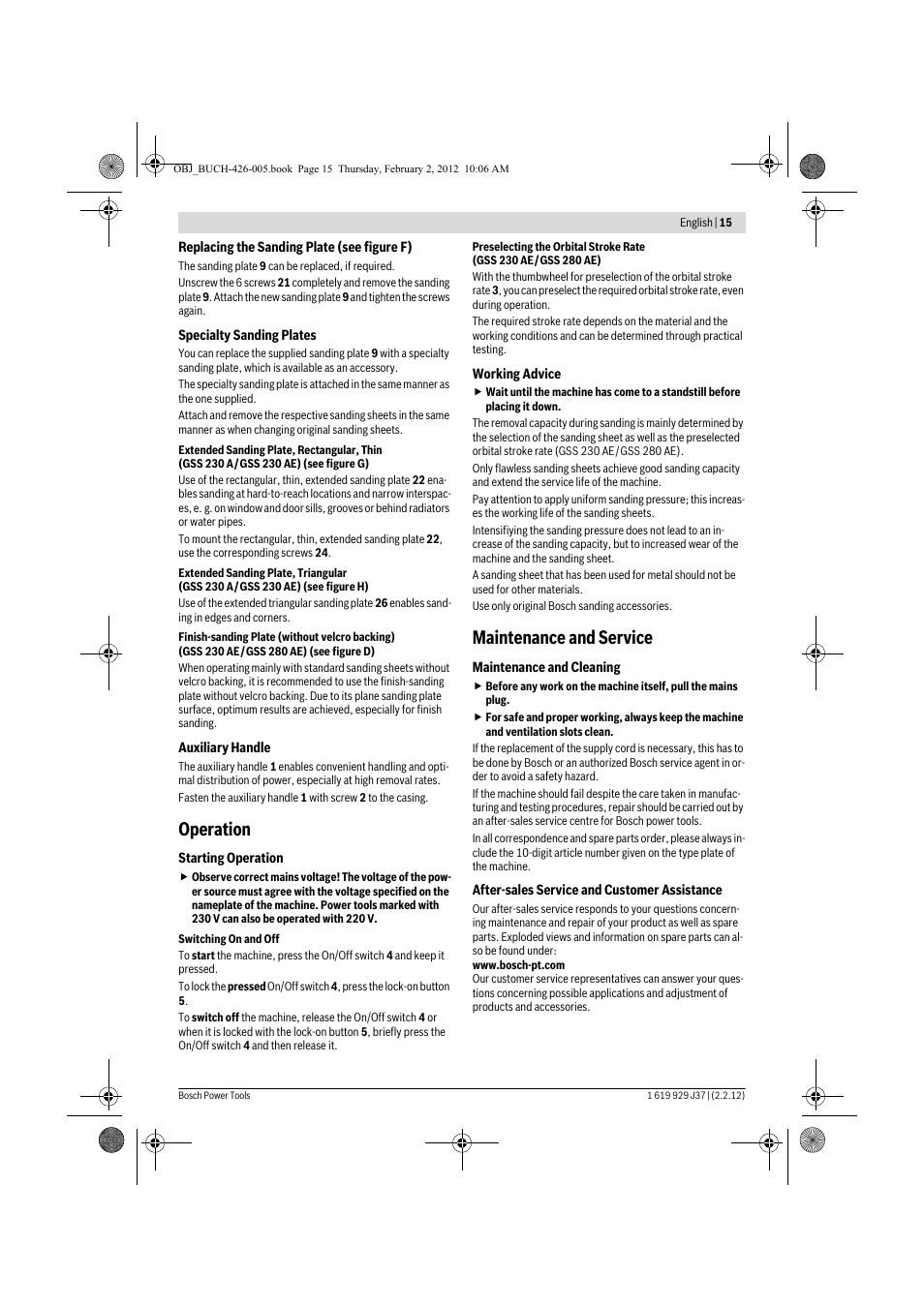 Operation, Maintenance and service | Bosch GSS Professional 230 A User Manual | Page 15 / 158
