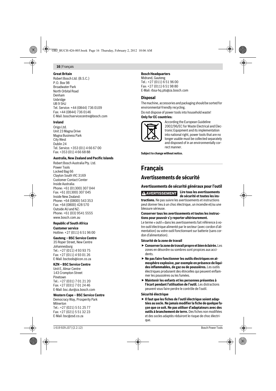 Français, Avertissements de sécurité | Bosch GSS Professional 230 A User Manual | Page 16 / 158