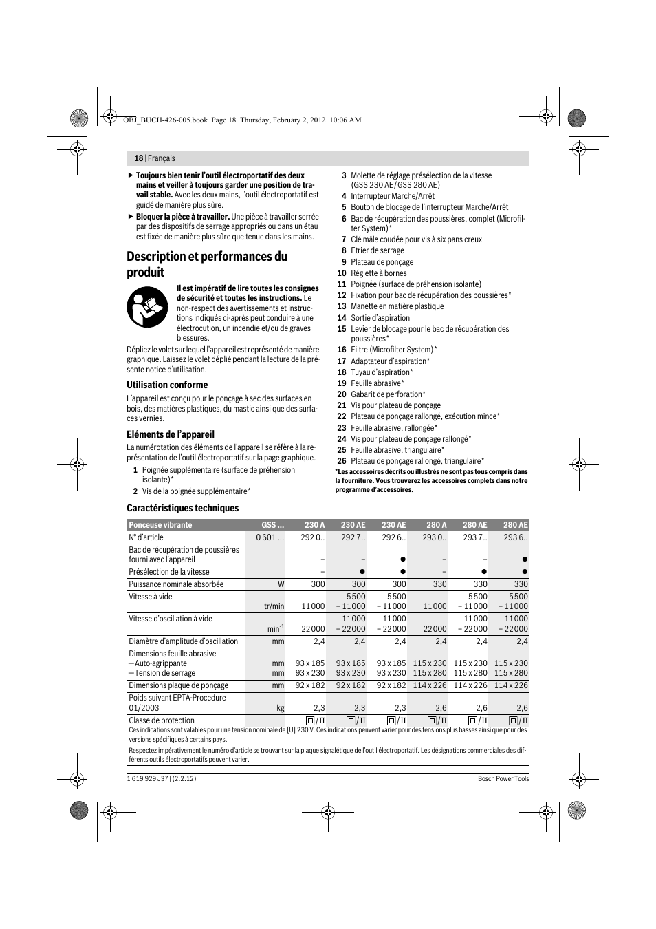 Description et performances du produit | Bosch GSS Professional 230 A User Manual | Page 18 / 158