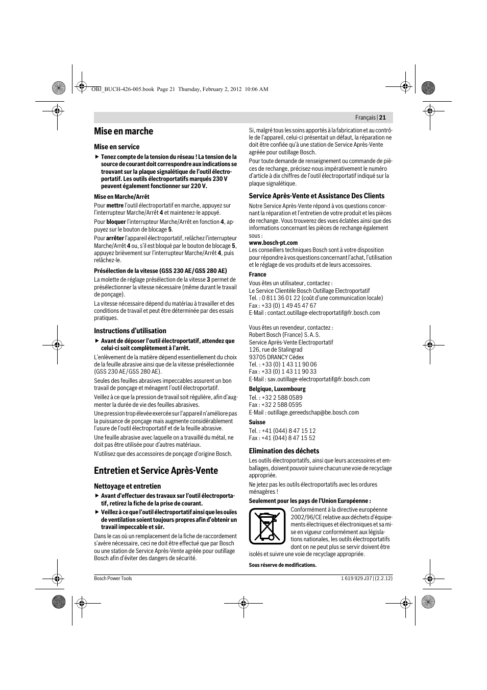 Mise en marche, Entretien et service après-vente | Bosch GSS Professional 230 A User Manual | Page 21 / 158