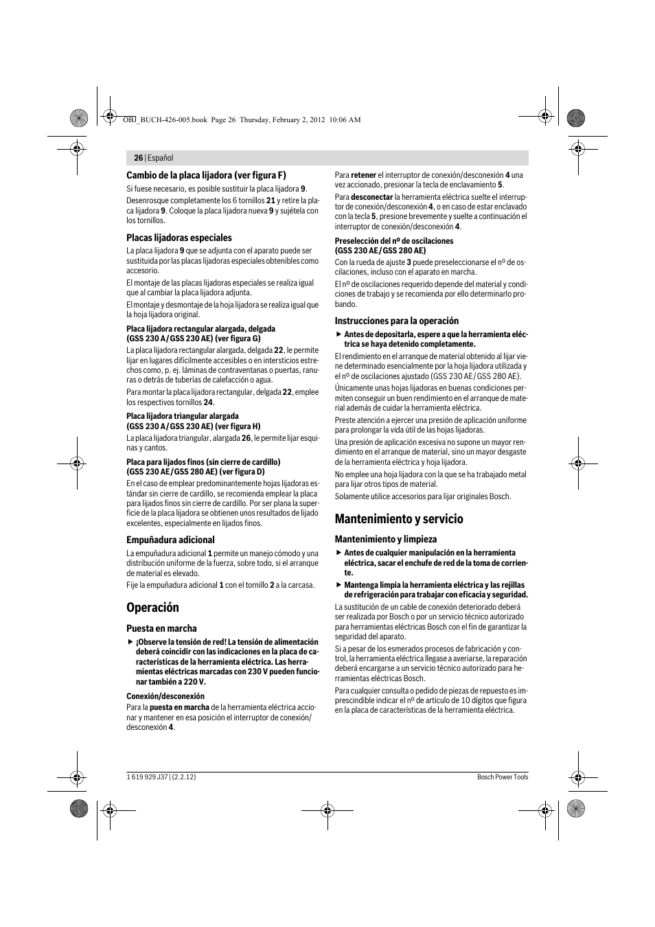 Operación, Mantenimiento y servicio | Bosch GSS Professional 230 A User Manual | Page 26 / 158