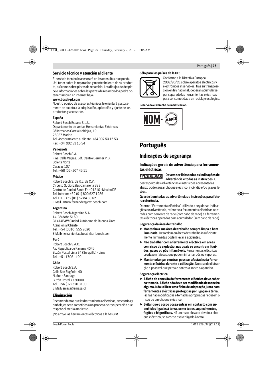 Português, Indicações de segurança | Bosch GSS Professional 230 A User Manual | Page 27 / 158