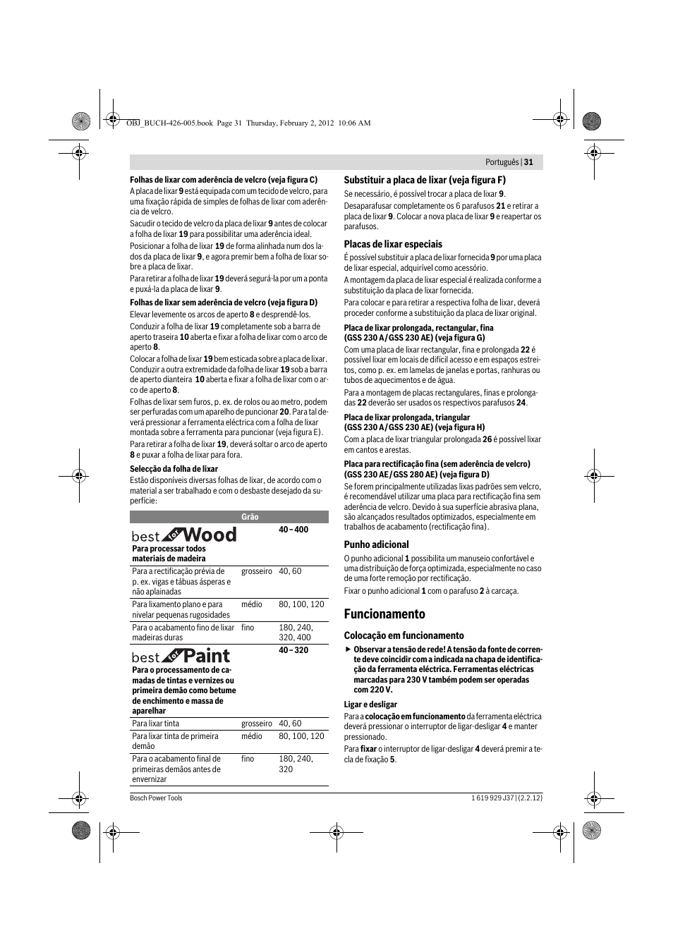 Funcionamento | Bosch GSS Professional 230 A User Manual | Page 31 / 158