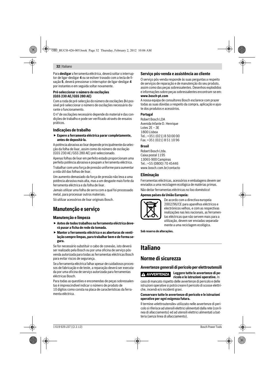 Italiano, Manutenção e serviço, Norme di sicurezza | Bosch GSS Professional 230 A User Manual | Page 32 / 158