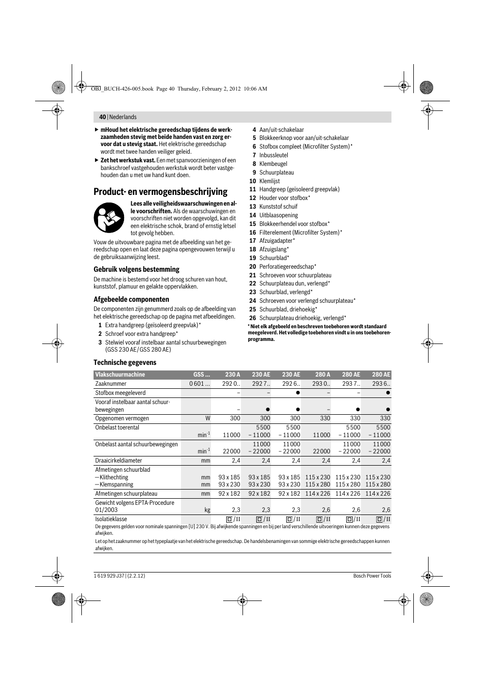 Product- en vermogensbeschrijving | Bosch GSS Professional 230 A User Manual | Page 40 / 158