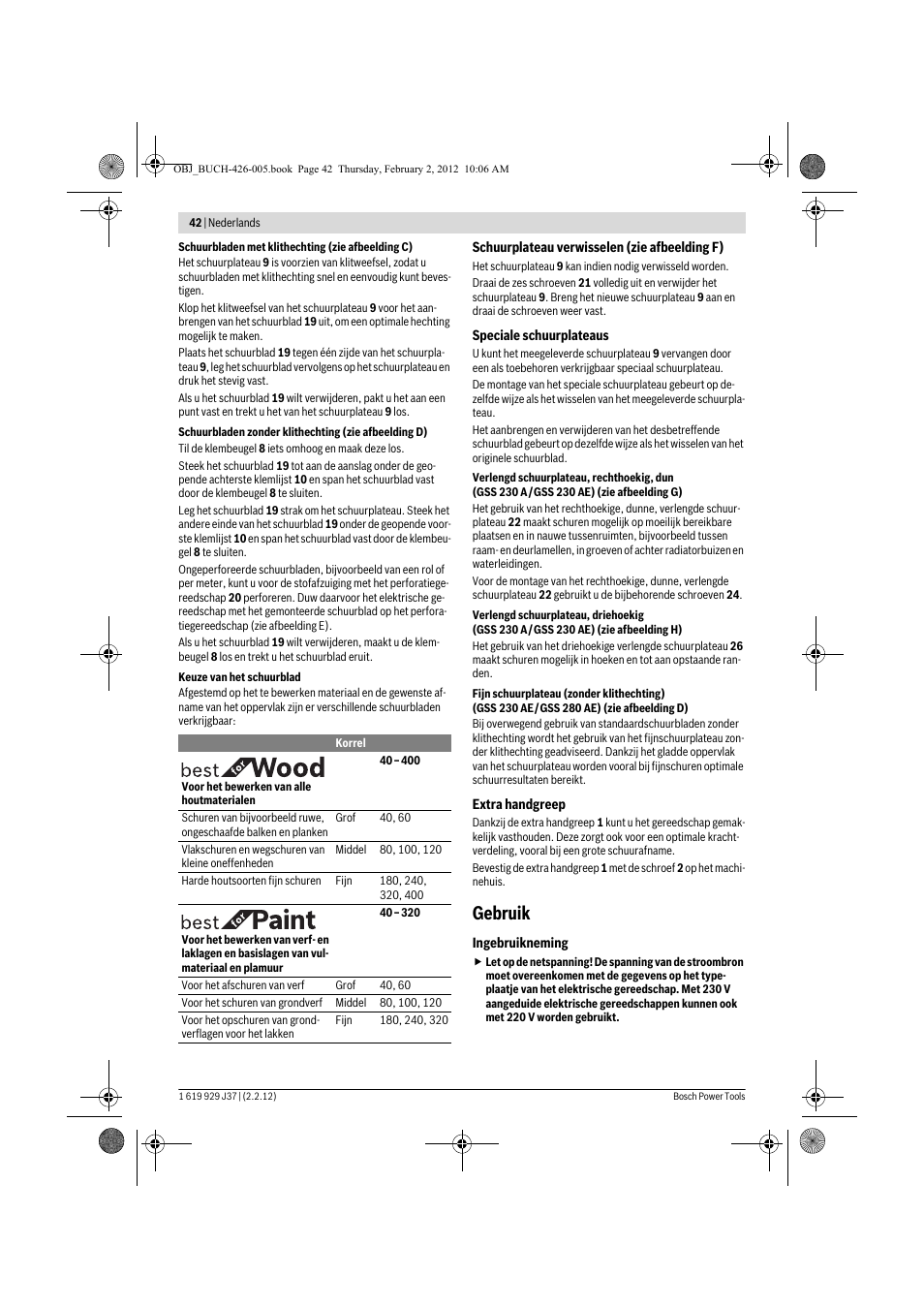 Gebruik | Bosch GSS Professional 230 A User Manual | Page 42 / 158