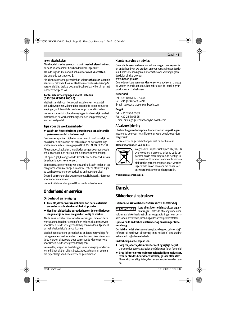 Dansk, Onderhoud en service, Sikkerhedsinstrukser | Bosch GSS Professional 230 A User Manual | Page 43 / 158